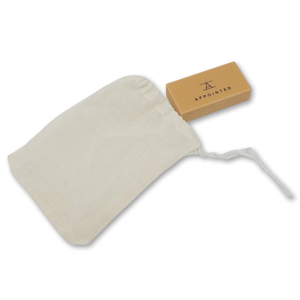 Appointed eraser with muslin bag side view